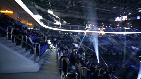 MOSCOW, RUSSIA - DECEMBER 12, 2015: Illuminated boxing ring before the match. Massive Boxing Show, WBA SUPERCHAMPION WORLD TITLE, "VTB Ice Palace».