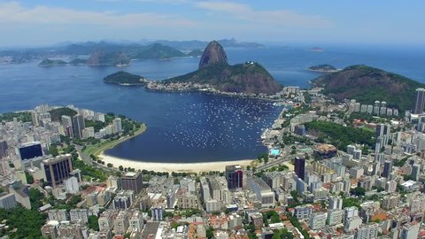 Aerial view of Sugarloaf Mountain and Rio de Janeiro cityscape, Rio de Janeiro, Brazil.