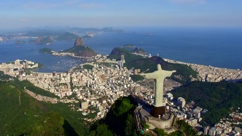 Aerial view of Christ the Redeemer statue and Sugarloaf Mountain in Rio de Janeiro, Brazil. 