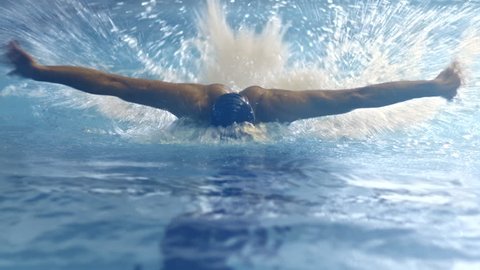 Shot from Front Side of Professional Swimmer Performing Butterfly Stroke during Training in Swimming Pool. Shot on RED Cinema Camera in 4K (UHD). Arkivvideo