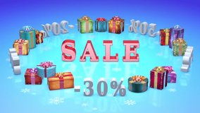 Christmas discounts (dumping,%, percentages, purchase, sale)
Colorful Christmas gifts and gray numbers (discounts-percentages) cyclically rotate.  Render in 16bit Tiff-sequence.