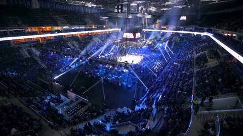 MOSCOW, RUSSIA - DECEMBER 12, 2015: Illuminated boxing ring before the match. Massive Boxing Show, WBA SUPERCHAMPION WORLD TITLE, VTB Ice Palace"