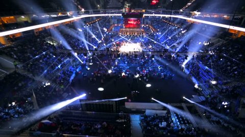 MOSCOW, RUSSIA - DECEMBER 12, 2015: Illuminated boxing ring before the match. Massive Boxing Show, WBA SUPERCHAMPION WORLD TITLE, VTB Ice Palace"