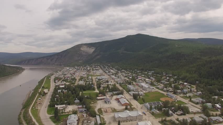 Dawson City aerial footage, 4K resolution. Klondike, Yukon Territory.