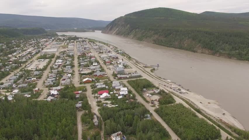 Dawson City aerial footage, 4K resolution. Klondike, Yukon Territory.