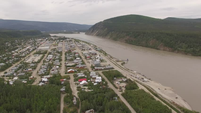 Dawson City aerial footage, 4K resolution. Klondike, Yukon Territory.