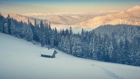Colorful winter sunrise in the Carpathian mountains, Ukraine, Europe. Full HD video (High Definition).