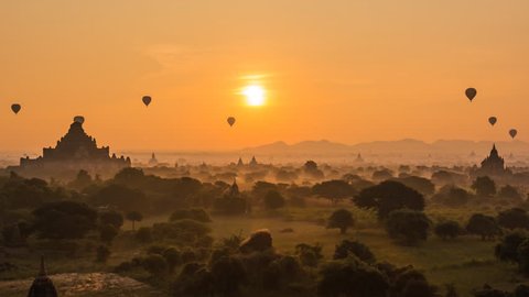 Ancient Empire Bagan Of Myanmar (Burma) And Balloons On Sunrise