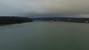 Aerial video of Lions Gate Bridge in Vancouver BC, Canada.
