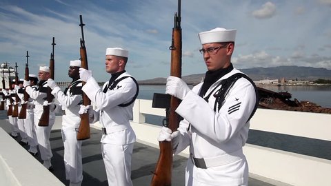 CIRCA 2010s - The United States Navy Honor Guard performs at Pearl Harbor, Hawaii.