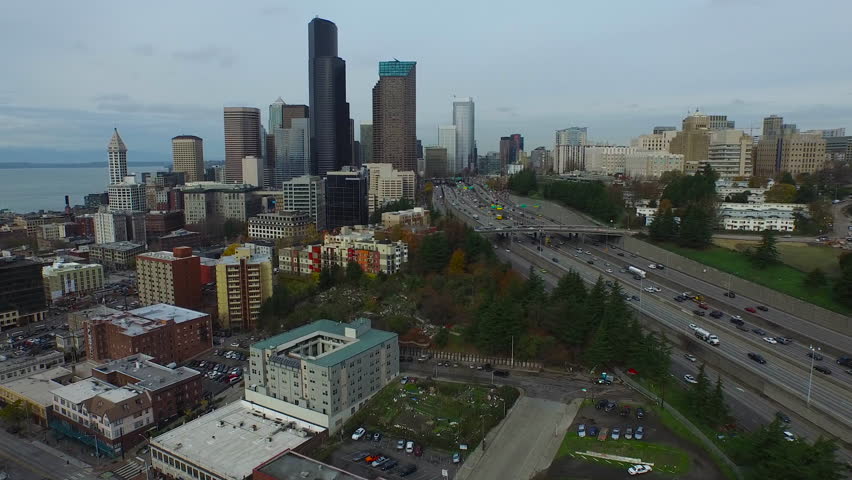 Aerial video of downtown Seattle Washington.