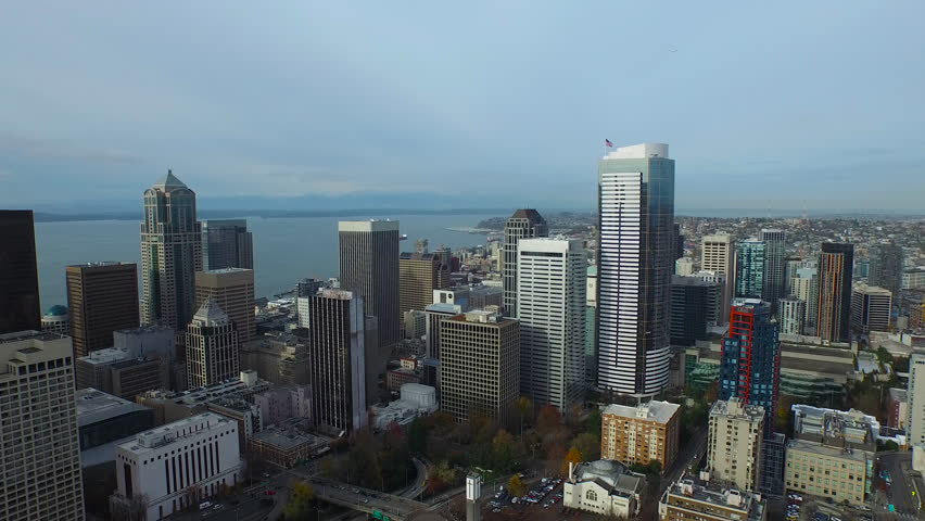 Aerial video of downtown Seattle Washington.