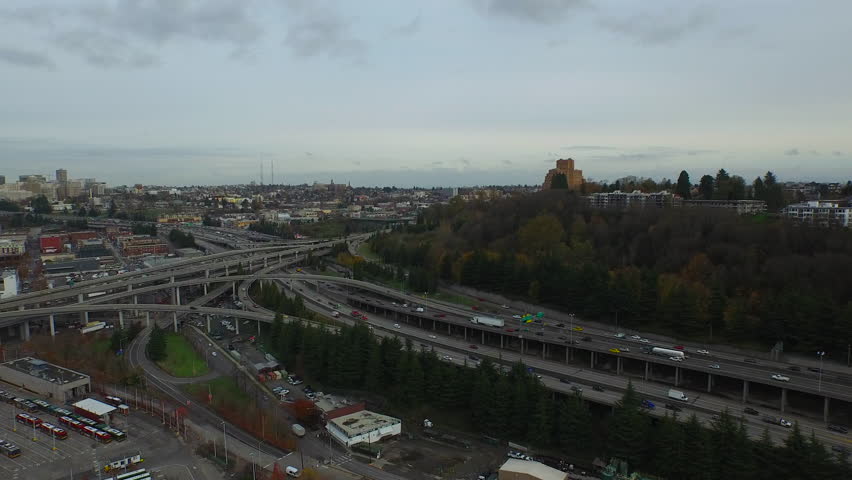 Aerial video of downtown Seattle Washington.