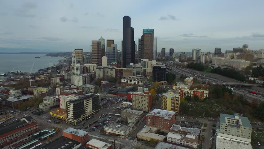Aerial video of downtown Seattle Washington.