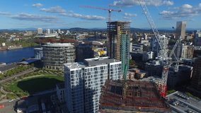 Aerial video of downtown Portland Oregon during the day.