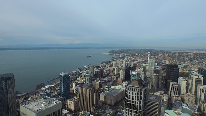 Aerial video of downtown Seattle Washington.
