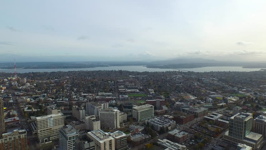 Aerial video of downtown Seattle Washington.