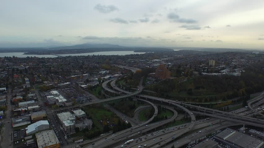 Aerial video of downtown Seattle Washington.