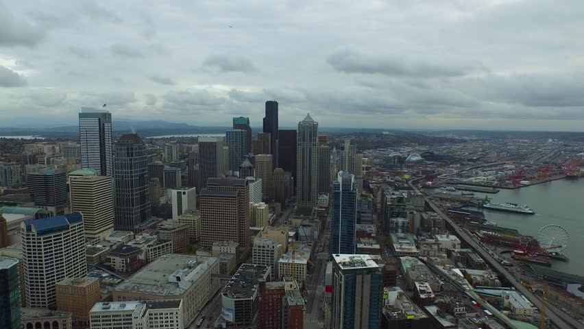 Aerial video of downtown Seattle Washington.