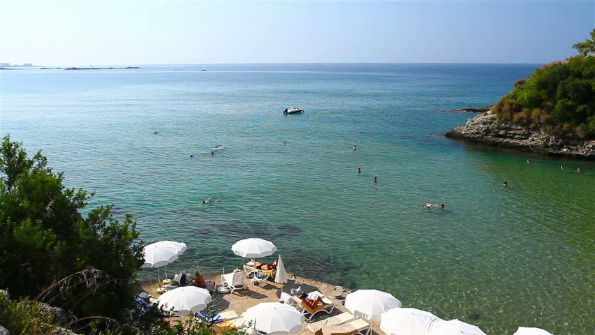 A view of a rocky beach from a high angle.