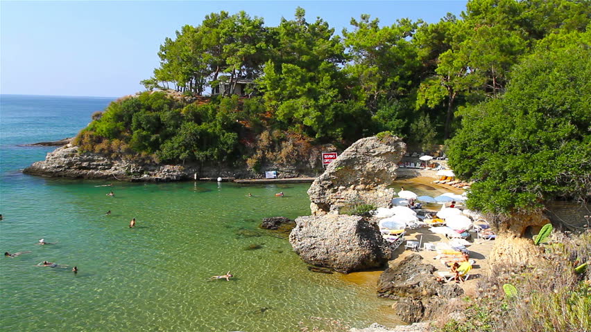 A view of a rocky beach from a high angle