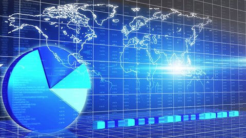 Animated chart presentation, world map, market overview, oil price, GDP growth. Design graphics showing changing indexes, stock trading, economic statistics. Analytic information, global forecast
 Video de stock