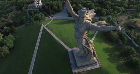 4K Aerial shot of Motherland Statue in Mamaev Kurgan. Stalingrad / Volgograd.