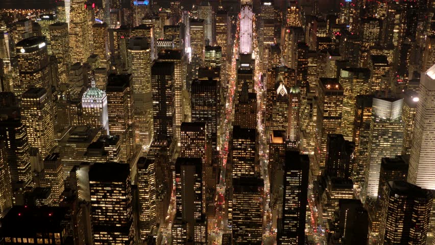 aerial view of new york city skyline buildings at night. urban metropolis background. establishment shot of nyc.  Royalty-Free Stock Footage #13530986