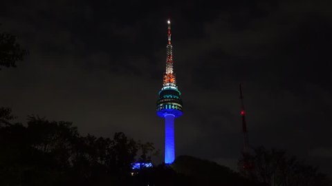 Lighting N Seoul Tower from the Namsan park at night. South Korea.