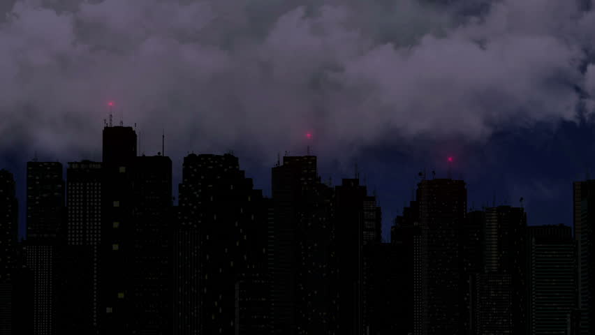 Violent thunderstorm breaks over megalopolis at night, lightning bolt with sound. Big city skyline illuminated with flashing lights, clouds move with the wind above city skyscrapers. Natural disaster