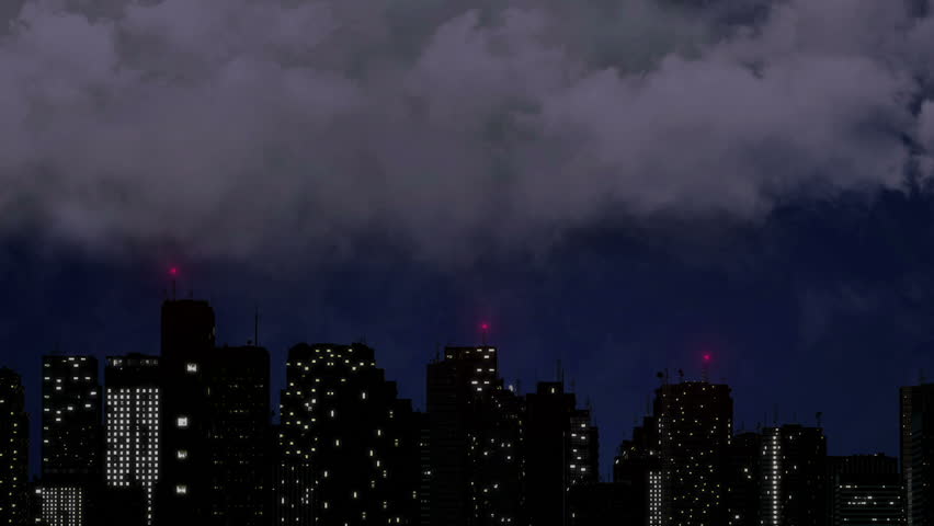 Lightning strikes above skyscrapers, dramatic thunder clashes during rainstorm. Severe weather warning issued for megalopolis, thunderstorm and heavy rain break over the city with roaring sound