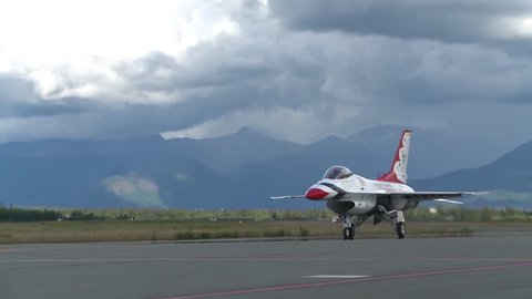 CIRCA 2010s - The U.S. Thunderbirds taxi on the runway at an airshow.