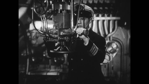 UNITED STATES 1940s: Officer looks through periscope, gives order / Torpedo launches / Torpedo moves through water / Ship explodes / Officer looks through periscope.