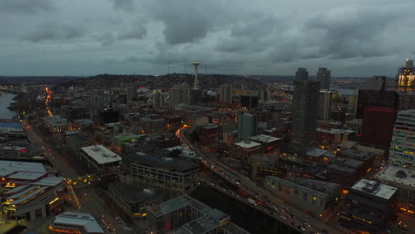 Aerial video of downtown Seattle Washington.