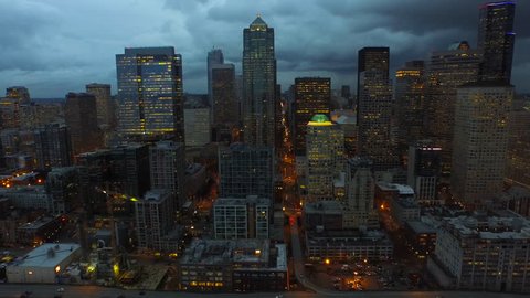 Aerial video of downtown Seattle Washington.