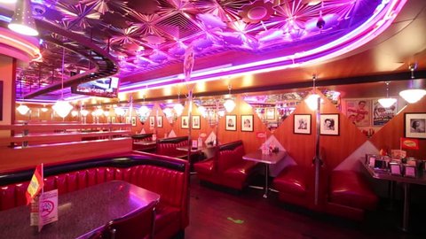 MOSCOW - JAN 18, 2015: Retro interior of empty Beverly Hills Diner - network of stylized American restaurants in Moscow