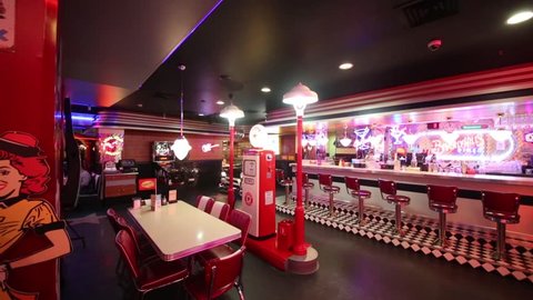 MOSCOW - JAN 18, 2015: Shiny interior of Beverly Hills Diner - network of stylized American restaurants in Moscow