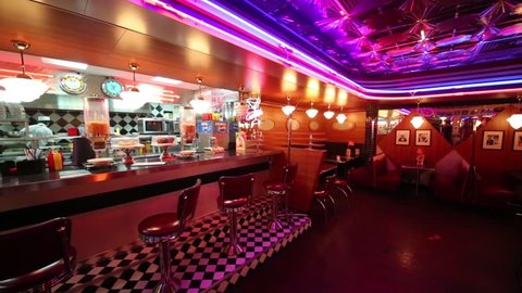 MOSCOW - JAN 18, 2015: Bar counter in Beverly Hills Diner - network of stylized American restaurants in Moscow