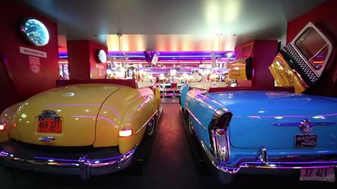 MOSCOW - JAN 18, 2015: Old cars in Beverly Hills Diner - network of stylized American restaurants in Moscow