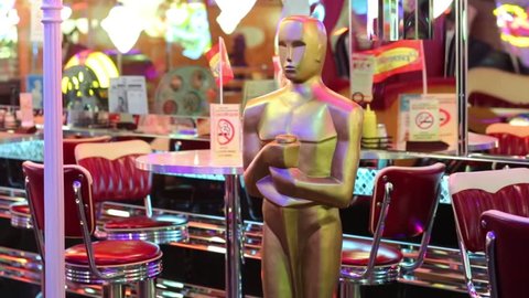 MOSCOW - JAN 18, 2015: Oscar statue in Beverly Hills Diner - network of stylized American restaurants in Moscow