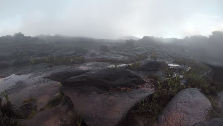 Clouds and fog on the top of Mount Roraima in the evening in Canaima national park in Venezuela. 