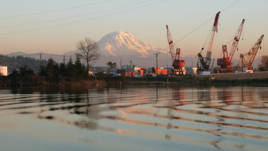 Industrial waterfront mountain view. Water reflection of Mt Rainier and cranes.
Tacoma, WA November 2015