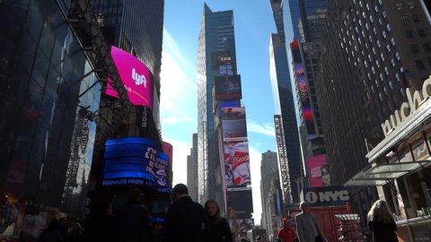 NEW YORK CITY, NOVEMBER 8 2015: City traffic and tourists in Times Square in Manhattan New York City 