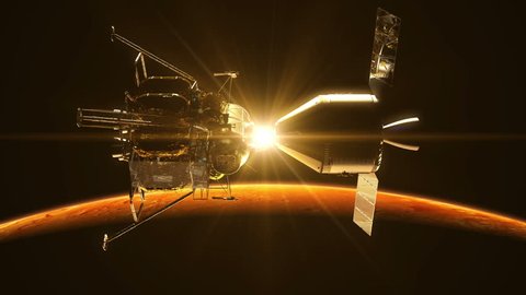 Undocking Of The Space Station In The Rays Of Sun Over Mars. 3D Animation.