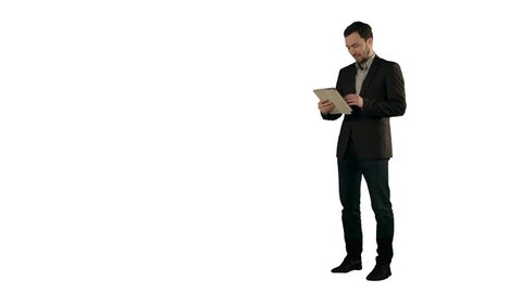 Happy Young Man Using Digital Tablet  on white background isolated