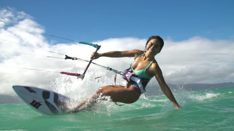 Asian Woman Kite Surfing In Ocean, Extreme Summer Sport 