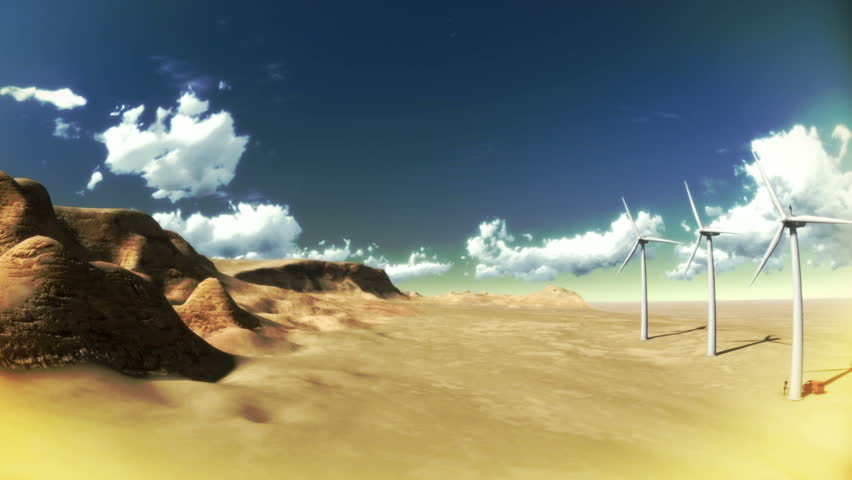 Dry desert with time lapse clouds and windmills wide angle