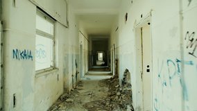 4K UHD Walking through an abandoned long corridor.Gimbal/steadycam stabilized pov shot of someone walking inside a very long corridor of a destroyed sanitorium.Destruction and abandonment - Powered by Shutterstock - Get 15% off with code: PIKWIZARD15