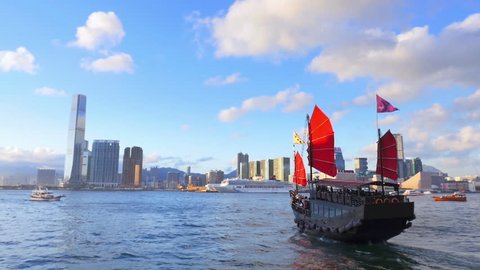 Hong Kong panoramic cityscape view and tourist boat in Vicoria harbor 