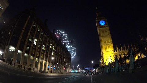 LONDON - DEC 31 : Fireworks over Big Ben at midnight, Dec 31, 2015, London, UK. This spectacular event takes place on the River Thames, celebrations were ticketed for first time from last year, 2014.
